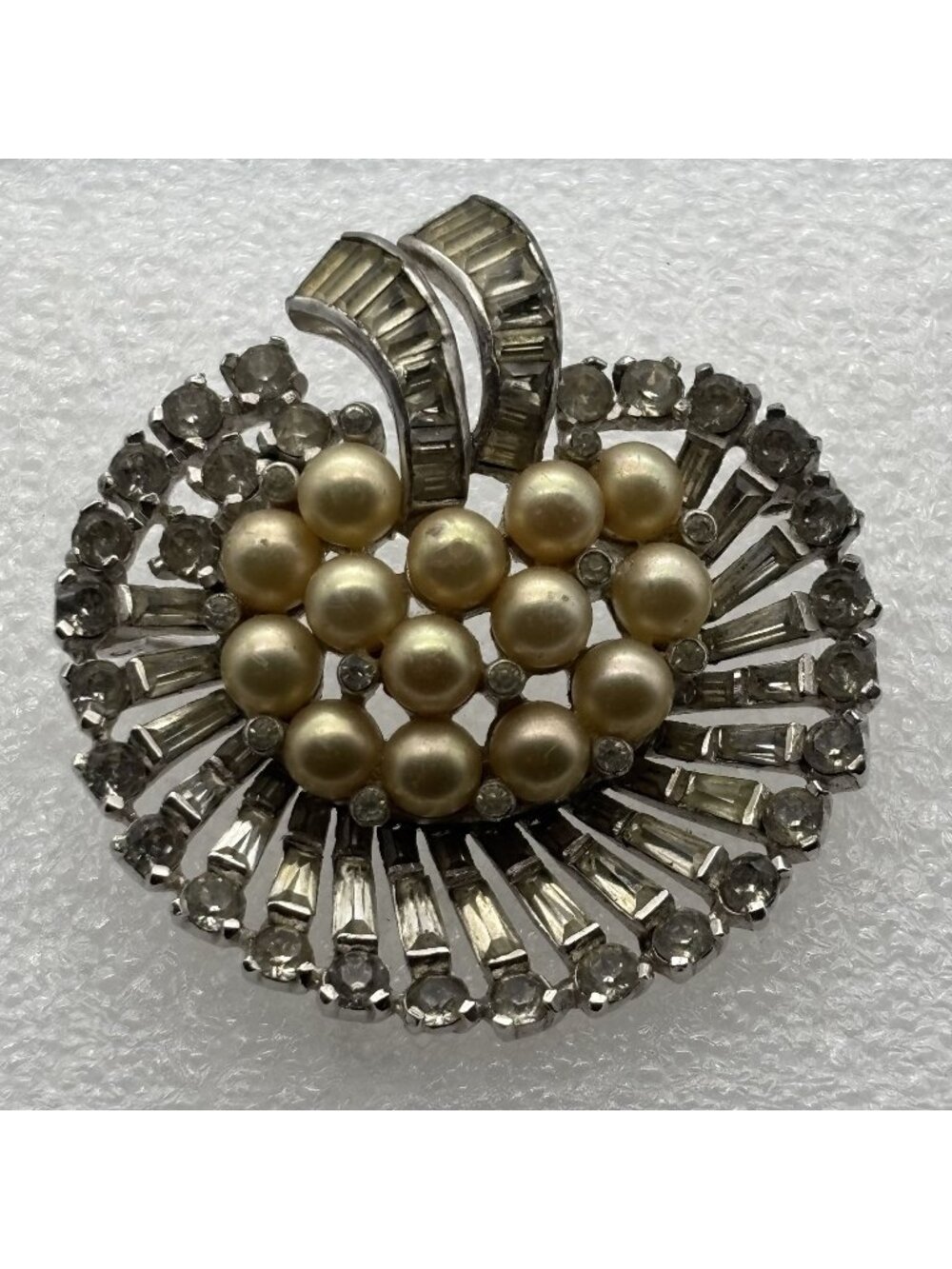 Vintage 1950s Jomaz Faux Pearl and Rhinestone Pave Baguette Brooch Signed